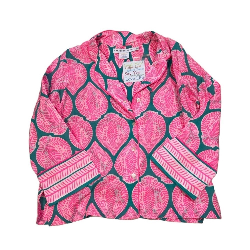 Gretchen Scott Pajamas Teal Pink Indian Summer PJ Set Large New $129 - Picture 5 of 8